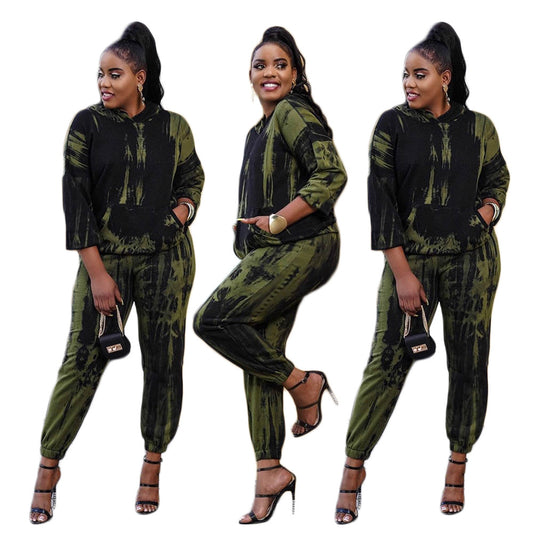 LADIES PLUS SIZE TWO PIECE ACTIVEWEAR CASUAL SET          BLACK  GREEN          (SIZE  S - 3XL)