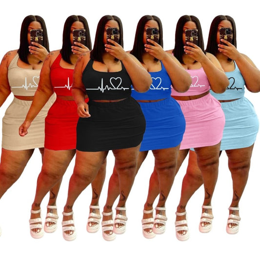LADIES PLUS SIZE TWO PIECE SKIRT SET            RED / BLUE / KHAKI            (SIZE  L - 5XL)
