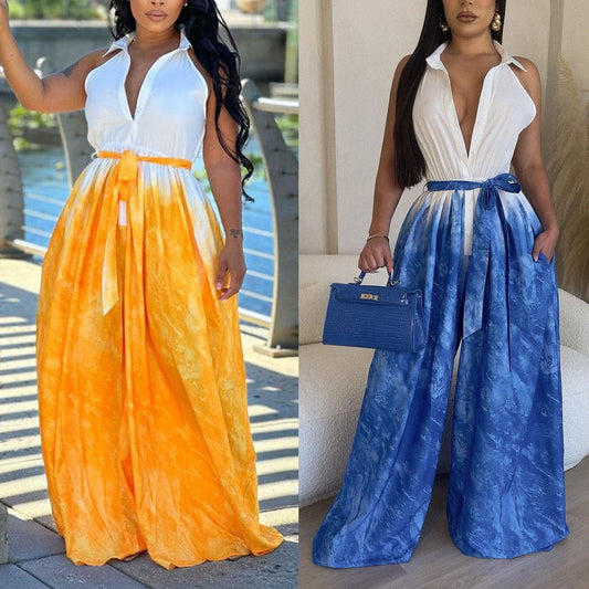 LADIES PLUS SIZE JUMPSUIT            YELLOW / BLUE           (SIZE  L - 3XL)