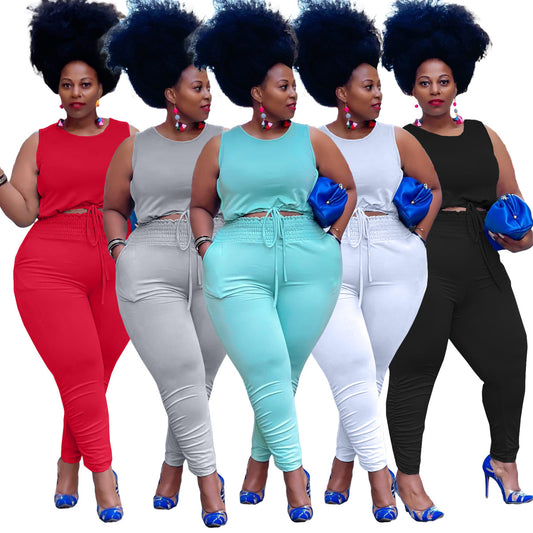 LADIES PLUS SIZE TWO PIECE SPORTS PANTS SET            WHITE / RED / GRAY / BLACK / LIGHT TURQUOISE BLUE            (SIZE  L - 5XL)