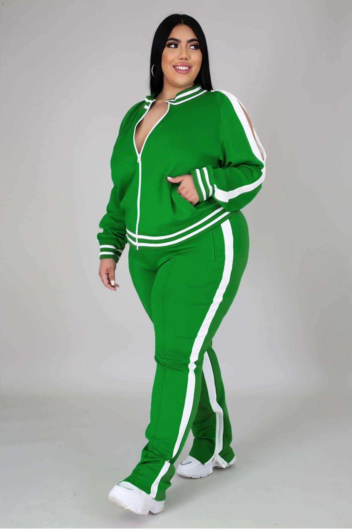 LADIES PLUS SIZE TWO PIECE TRACKSUIT SET            BLACK / GREEN            (SIZE  XL - 4XL)