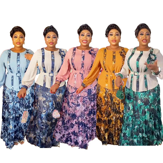 LADIES PLUS SIZE TWO PIECE SKIRT & TOP SET         LIGHT BLUE / PINK / TURQUOISE GREEN / DARK BLUE / ORANGE-YELLOW            (SIZE  L - 3XL)