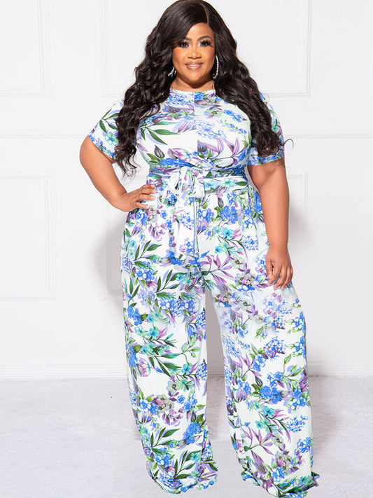 LADIES PLUS SIZE TWO PIECE PANTS SET          BLUE FLORAL / RED FLORAL / YELLOW FLORAL            (SIZE  XL - 5XL)