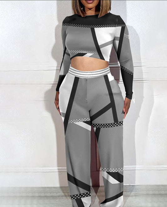 LADIES PLUS SIZE TWO PIECE PANTS & TOP SET            GRAY / KHAKI / ORANGE            (SIZE  XL - 5XL)