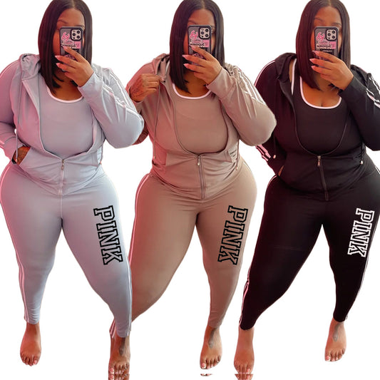 LADIES PLUS SIZE TWO PIECE TRACKSUIT                GRAY / BLACK / YELLOW-BEIGE              (SIZE  XL - 5XL)