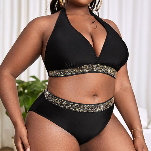 LADIES PLUS SIZE TWO PIECE HIGH WAIST BIKINI SWIMWEAR            BLACK            (SIZE  L - 4XL)