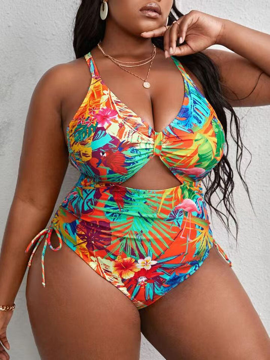 LADIES PLUS SIZE ONE PIECE LACE UP SWIMSUIT            ORANGE / PURPLE            (SIZE  L - 4XL)