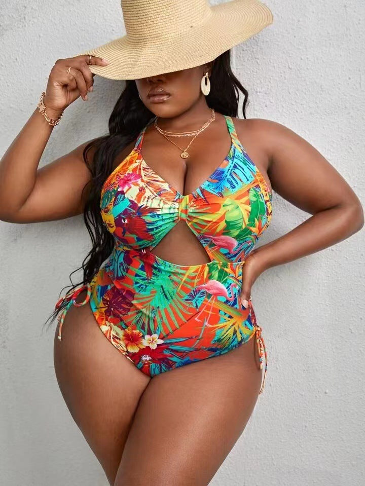 LADIES PLUS SIZE ONE PIECE LACE UP SWIMSUIT            ORANGE / PURPLE            (SIZE  L - 4XL)
