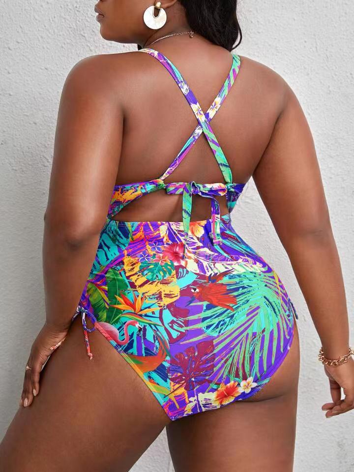 LADIES PLUS SIZE ONE PIECE LACE UP SWIMSUIT            ORANGE / PURPLE            (SIZE  L - 4XL)