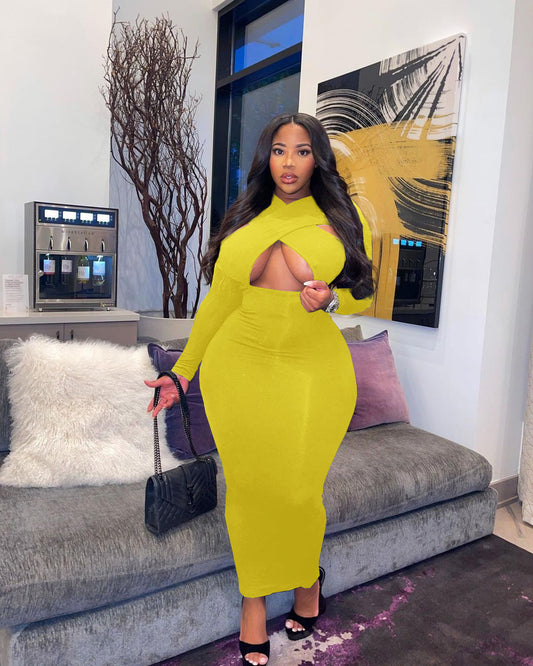 LADIES PLUS SIZE LONG SLEEVE DRESS              YELLOW / RED / BLACK / BLUE           (SIZE  L - 4XL)