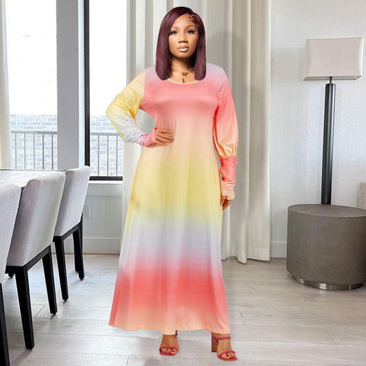 LADIES PLUS SIZE LONG SLEEVE DRESS            YELLOW / ORANGE            (SIZE  L - 4XL)
