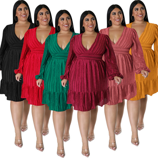LADIES PLUS SIZE LONG SLEEVE DRESS          BLACK / LIGHT RED / RED / WINE RED / GREEN / ORANGE             (SIZE  XL - 5XL)