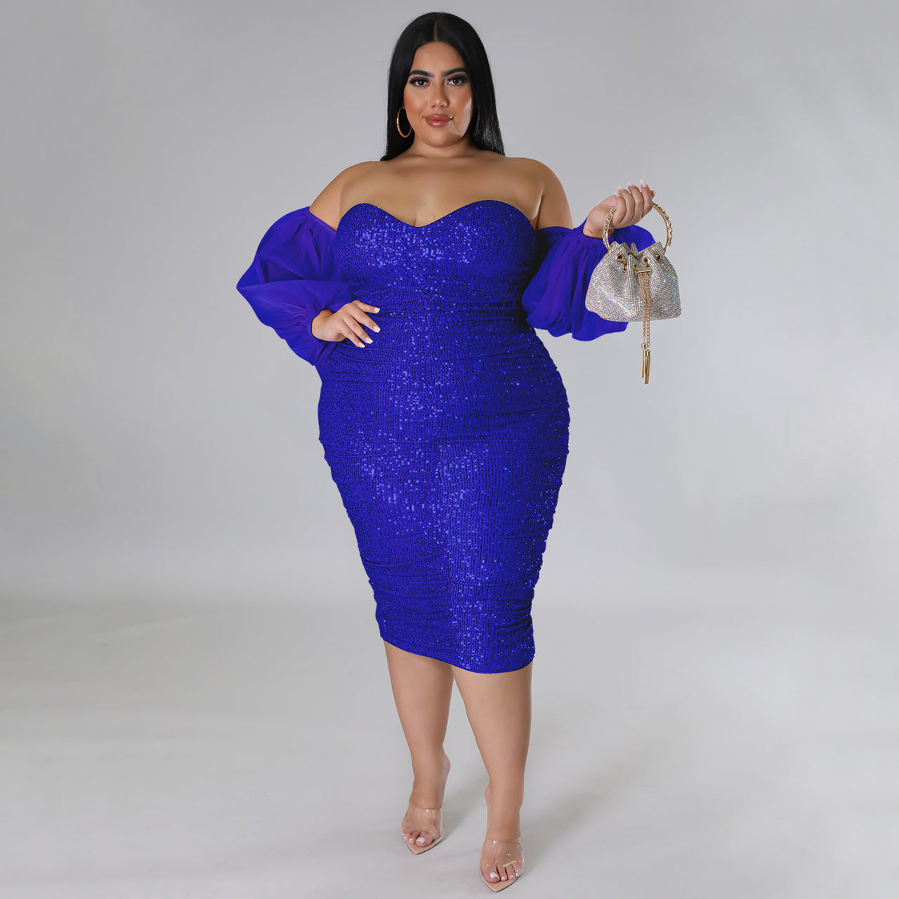 LADIES PLUS SIZE STRAPLESS EVENING DRESS          BLACK / RED / CHAMPAGNE / GREEN / BLUE / WINE RED            (SIZE  L - 5XL)