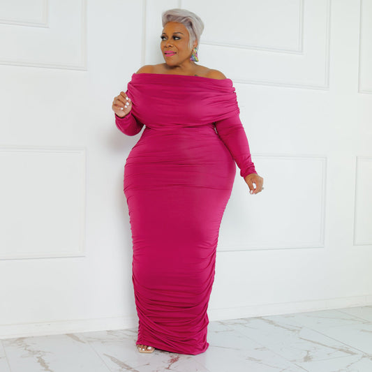 LADIES PLUS SIZE OFF THE SHOULDER DRESS           PINK / WINE RED / COFFEE / GREEN           (SIZE  XL - 5XL)