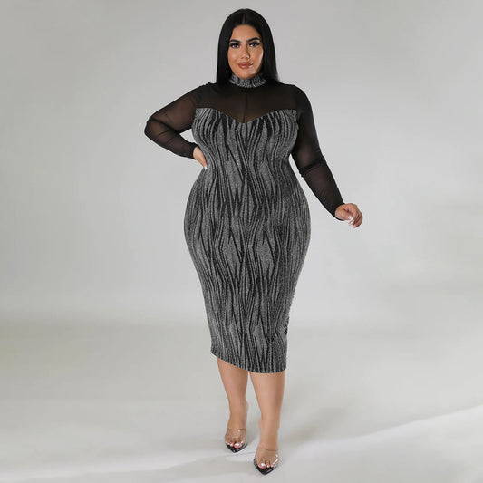 LADIES PLUS SIZE LONG SLEEVE DRESS             SILVER / GOLDEN / RED / BLUE            (SIZE  L - 4XL)