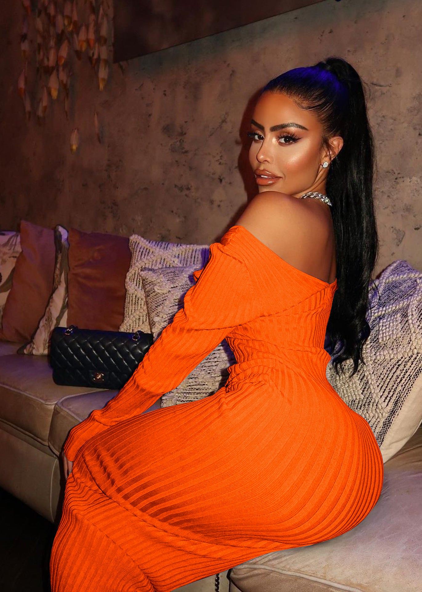 LADIES PLUS SIZE LONG SLEEVE OFF THE SHOULDER DRESS            ORANGE            (SIZE  XL - 5XL)