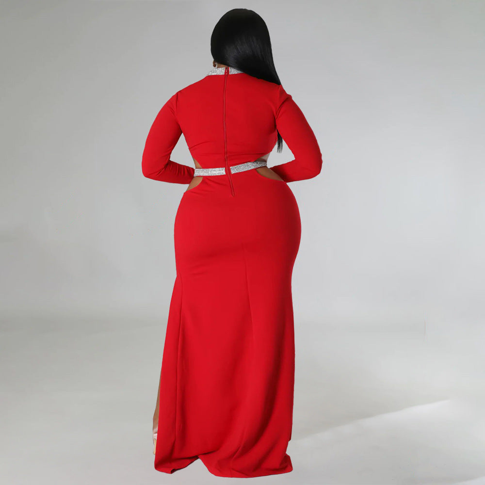 LADIES PLUS SIZE LONG SLEEVE CUT OUT DRESS              ORANGE / RED / BLACK / WHITE / BLUE / GREEN            (SIZE  L - 4XL)