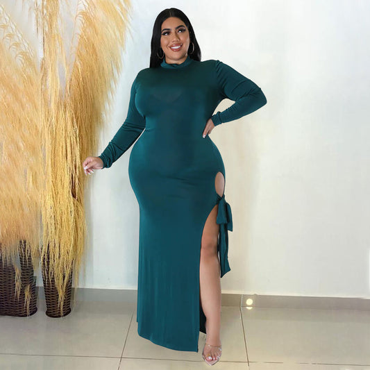 LADIES PLUS SIZE LONG SLEEVE DRESS           DARK GREEN / BLACK / WHITE            (SIZE  S - 5XL)