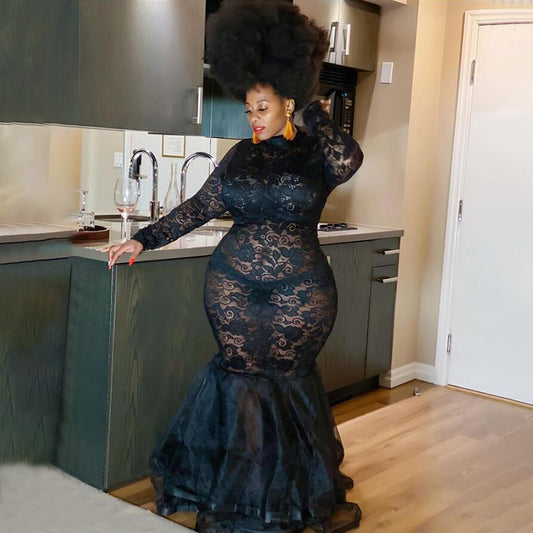 LADIES PLUS SIZE LONG SLEEVE LACE DRESS             BLACK / WHITE / RED            (SIZE  L - 4XL)