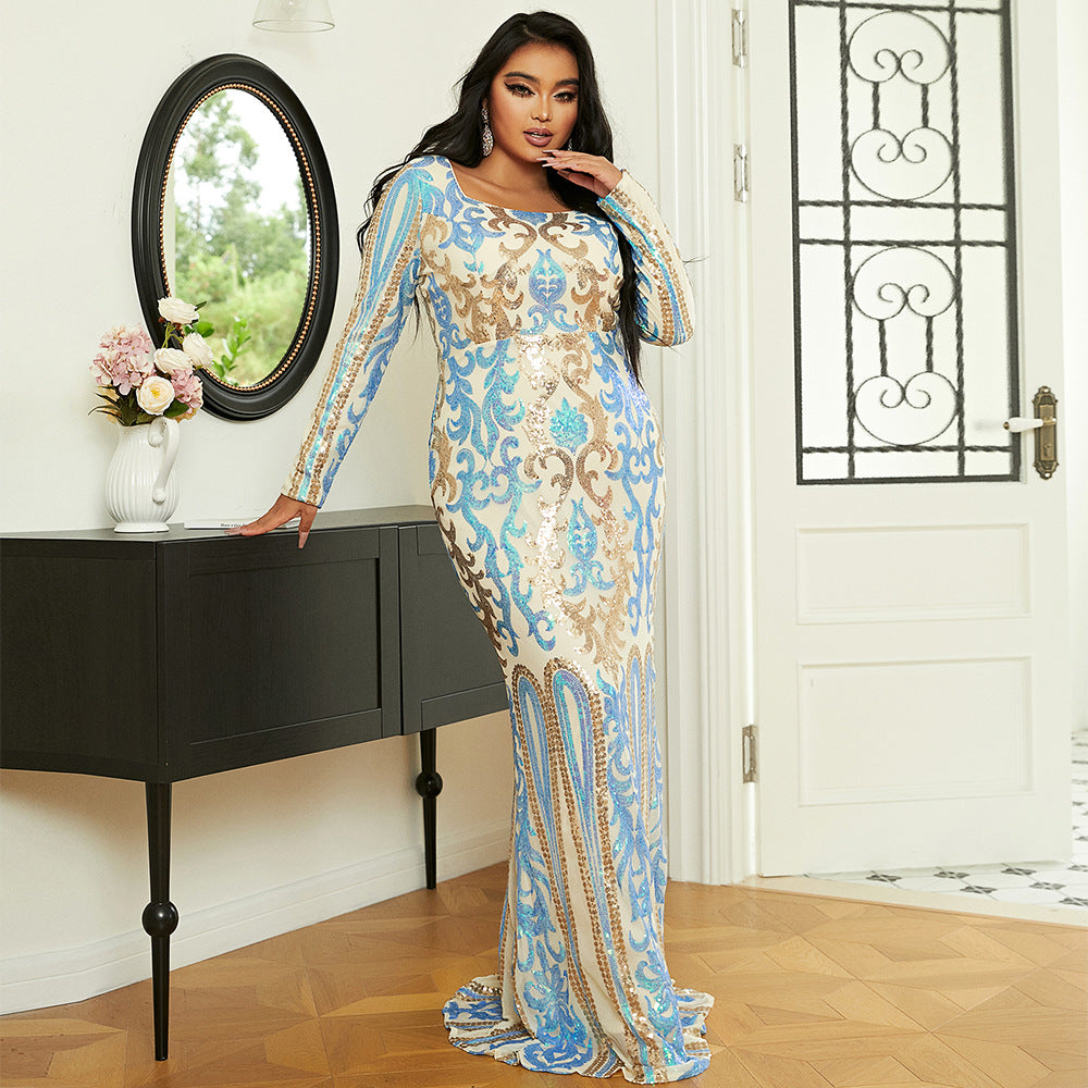 LADIES PLUS SIZE LONG SLEEVE DRESS            WHITE BLUE MULTI            (SIZE  XL - 4XL)