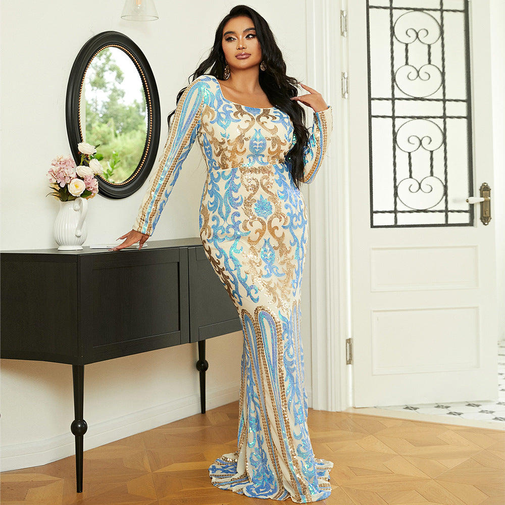 LADIES PLUS SIZE LONG SLEEVE DRESS            WHITE BLUE MULTI            (SIZE  XL - 4XL)