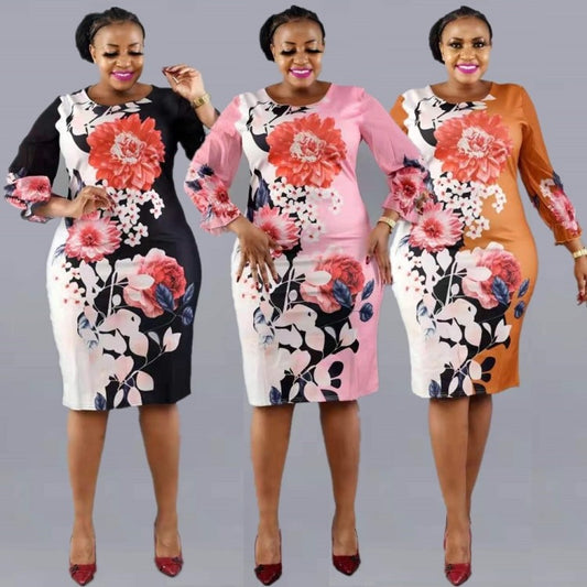 LADIES PLUS SIZE PRINTED DRESS             BLACK / ORANGE / PINK             (SIZE  2XL - 6XL)