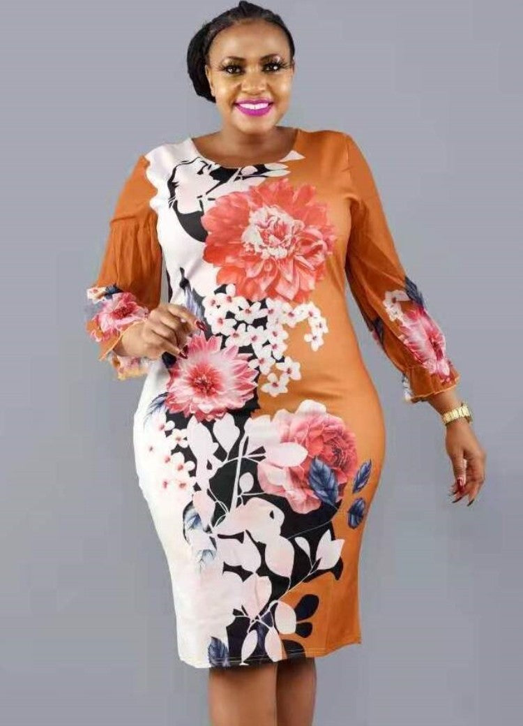 LADIES PLUS SIZE PRINTED DRESS             BLACK / ORANGE / PINK             (SIZE  2XL - 6XL)