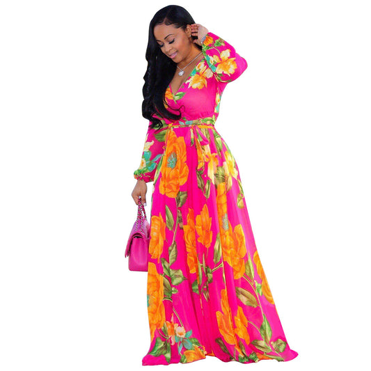 LADIES PLUS SIZE LONG SLEEVE DRESS            BLUE / PINK            (SIZE  XL - 5XL)