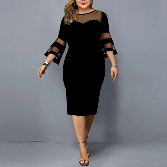 LADIES PLUS SIZE QUARTER SLEEVE DRESS             BLACK / WINE RED / DARK BLUE             (SIZE  XL - 5XL)