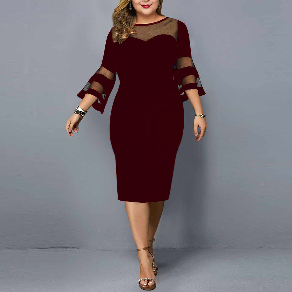 LADIES PLUS SIZE QUARTER SLEEVE DRESS             BLACK / WINE RED / DARK BLUE             (SIZE  XL - 5XL)