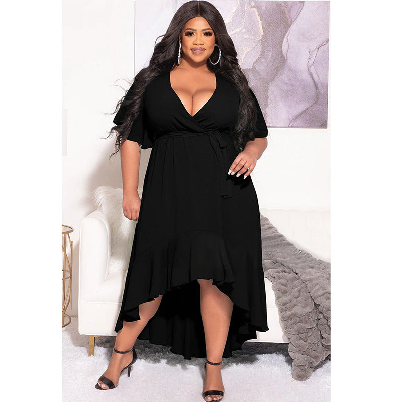 LADIES PLUS SIZE SHORT SLEEVE DRESS            WHITE / BLACK / BLUE / ORANGE            (SIZE  L - 5XL)