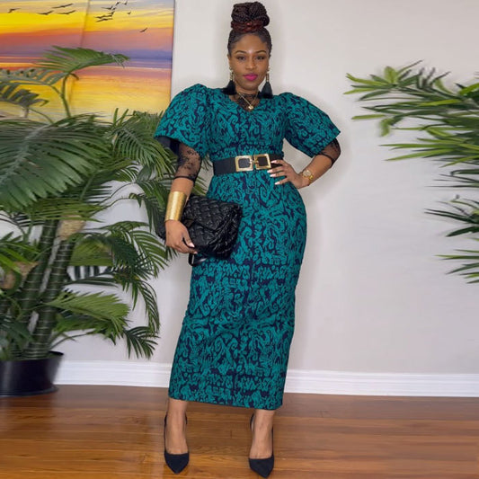 LADIES PLUS SIZE PRINTED DRESS             BLUE             (SIZE  L - 3XL)