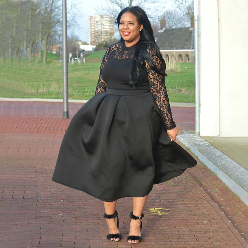 LADIES PLUS SIZE LACE SLEEVE DRESS             BLACK             (SIZE  XL - 5XL)