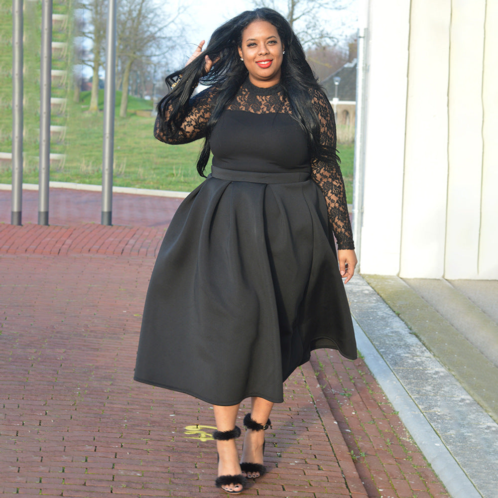 LADIES PLUS SIZE LACE SLEEVE DRESS             BLACK             (SIZE  XL - 5XL)