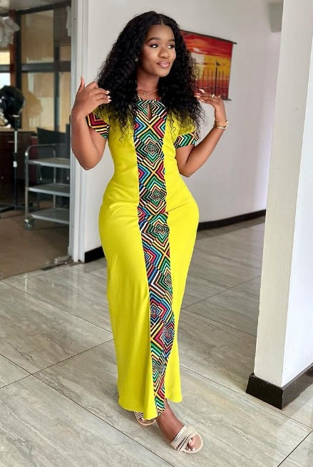 LADIES PLUS SIZE SHORT SLEEVE DRESS             YELLOW             (SIZE  S - 3XL)