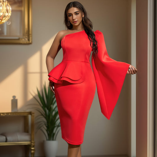 LADIES PLUS SIZE ONE SLEEVE DRESS             RED             (SIZE  S - 4XL)