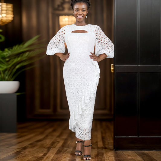 LADIES PLUS SIZE LACE DRESS              WHITE             (SIZE  S - 4XL)