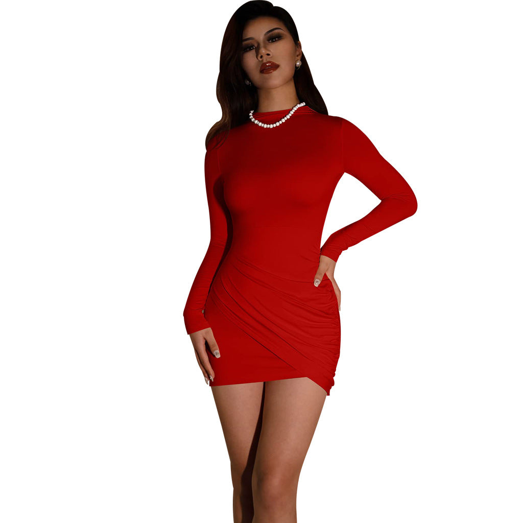 LADIES LONG SLEEVE MINI DRESS             RED / GRAY / BLACK / ARMY GREEN / BLUE