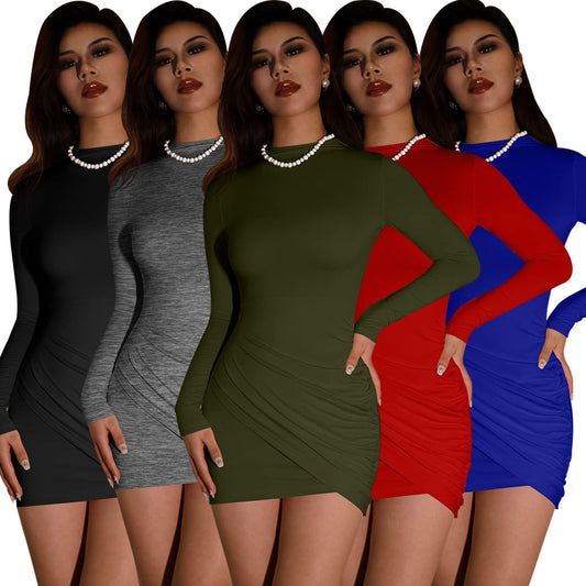 LADIES LONG SLEEVE MINI DRESS             RED / GRAY / BLACK / ARMY GREEN / BLUE