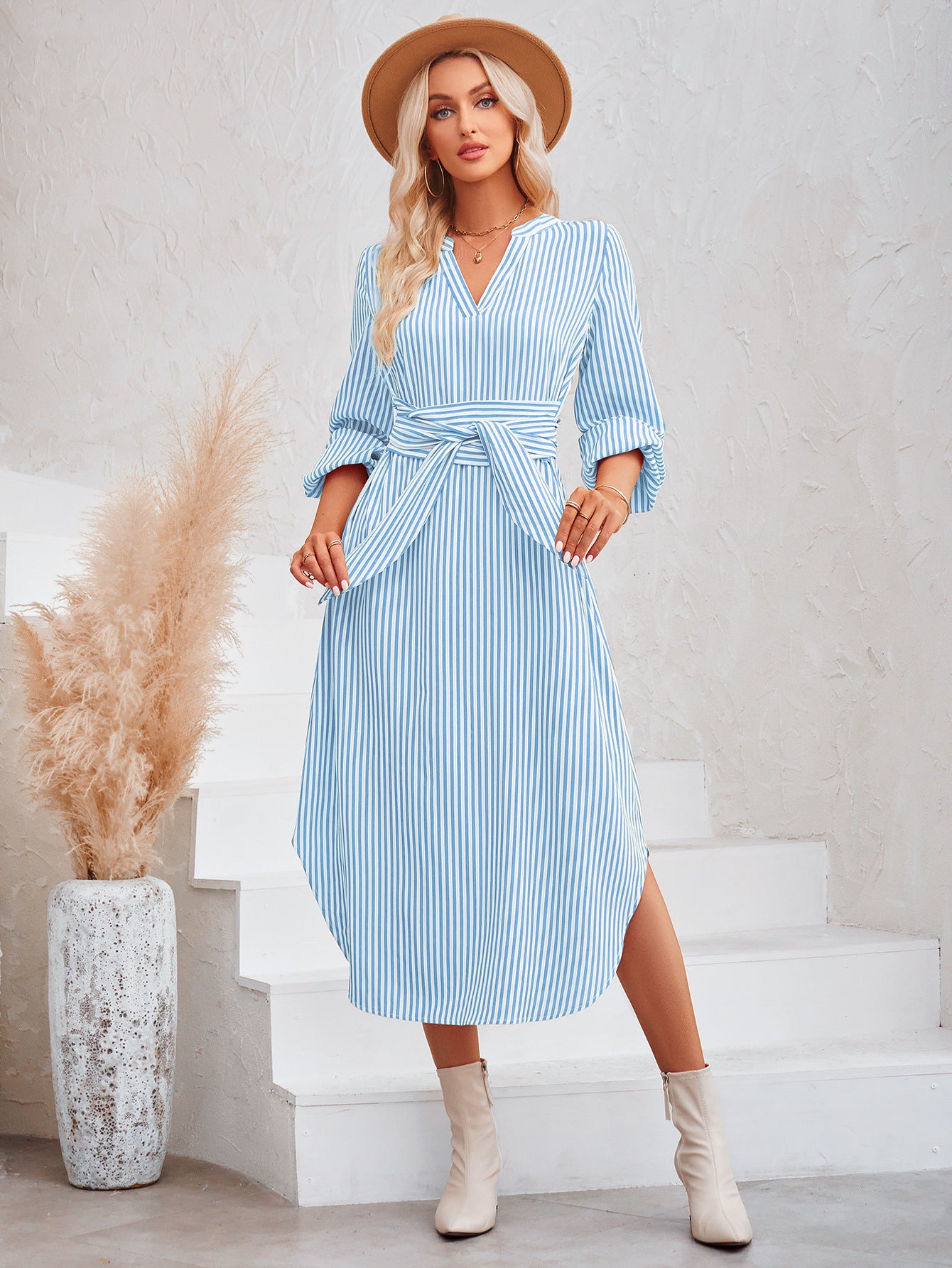 LADIES LONG SLEEVE DRESS             BLUE / YELLOW / COFFEE             (SIZE  S - XL)