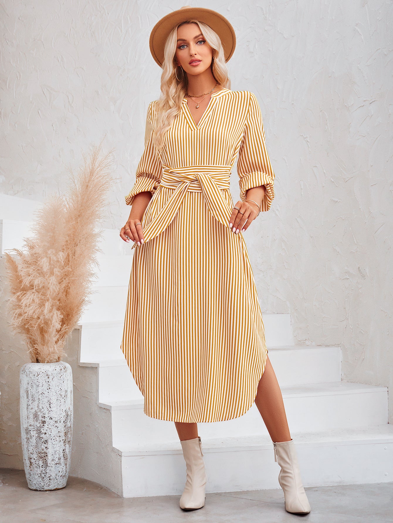 LADIES LONG SLEEVE DRESS             BLUE / YELLOW / COFFEE             (SIZE  S - XL)