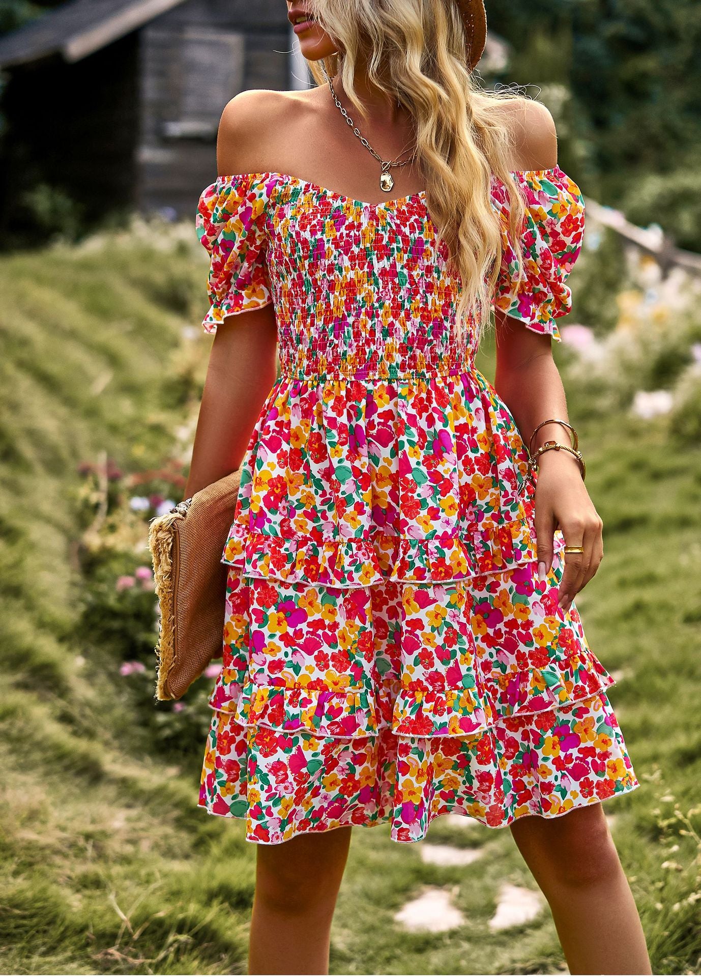 LADIES SHORT SLEEVE DRESS            BLUE MULTI / PINK MULTI / YELLOW MULTI / NAVY BLUE MULTI         (SIZE  S - XL)