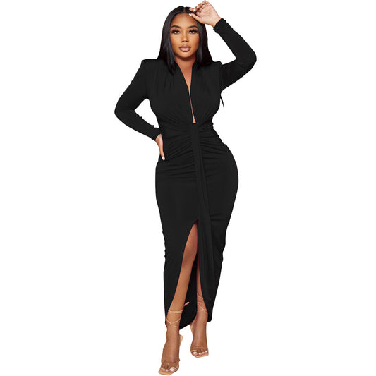 LADIES LONG SLEEVE DRESS WITH SLIT          5 COLOURS            (SIZE  S - 2XL)