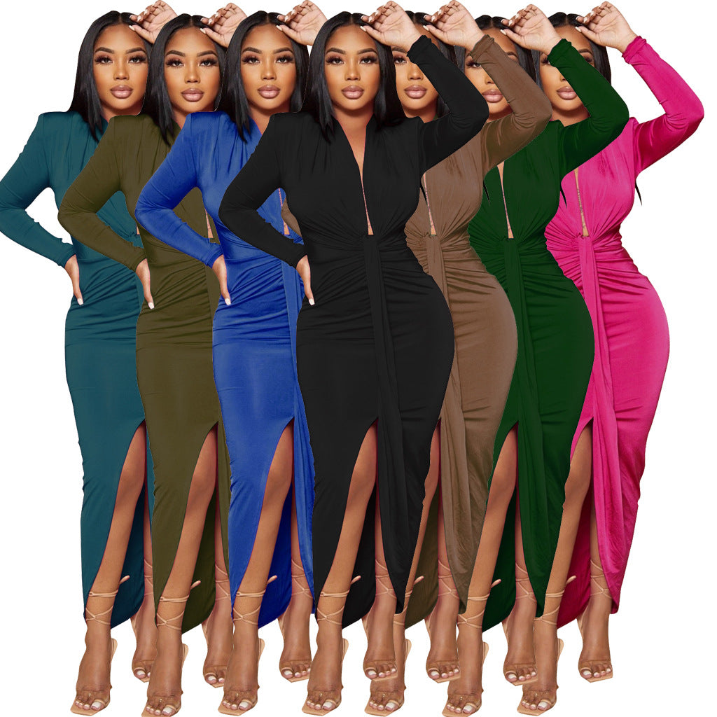 LADIES LONG SLEEVE DRESS WITH SLIT          5 COLOURS            (SIZE  S - 2XL)