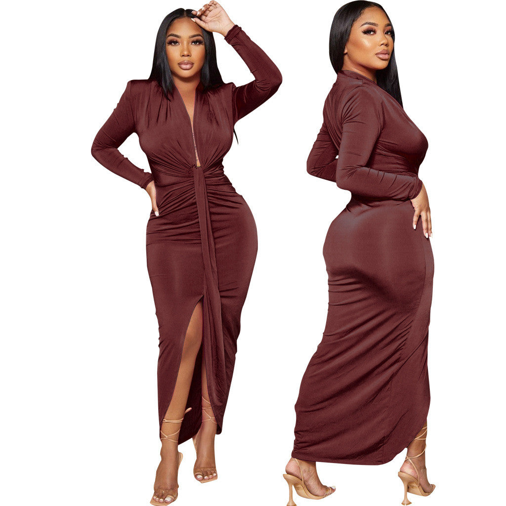 LADIES LONG SLEEVE DRESS WITH SLIT          5 COLOURS            (SIZE  S - 2XL)