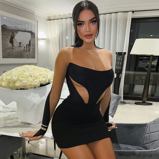 LADIES SEXY MESH  SLEEVE DRESS            BLACK            (SIZE  S - L)
