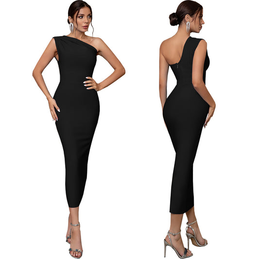 LADIES ONE SLEEVE DRESS            BLACK / BLUE / RED            (SIZE  S - 2XL)