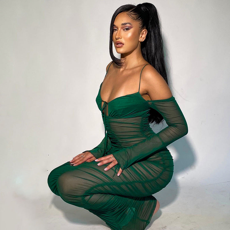 LADIES LACE UP LONG SLEEVE DRESS             GREEN / BLACK            (SIZE  S - L)