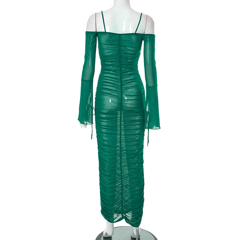 LADIES LACE UP LONG SLEEVE DRESS             GREEN / BLACK            (SIZE  S - L)