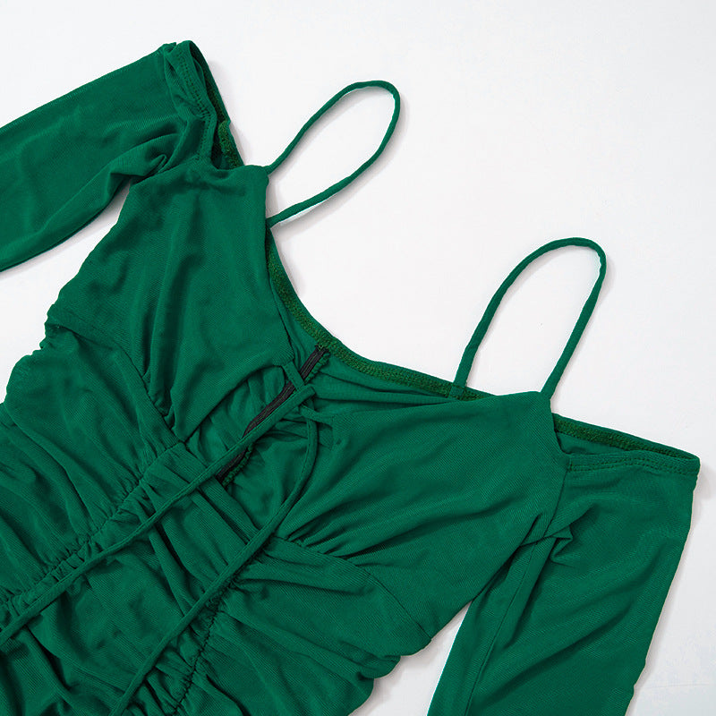 LADIES LACE UP LONG SLEEVE DRESS             GREEN / BLACK            (SIZE  S - L)